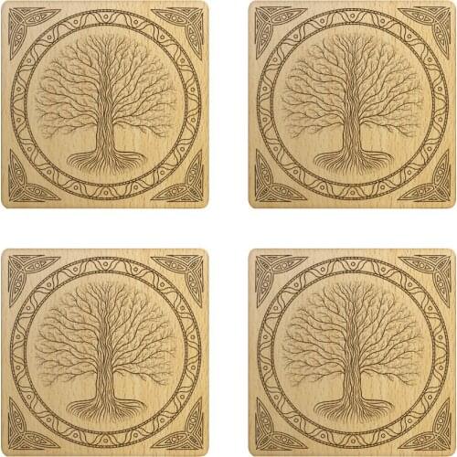 Set of 4 Celtic Style Druidic Yggdrasil Tree Laser Engraved Rustic Wood Coasters Gothic Tree Of Life Drink Cup Mat Beer Coasters