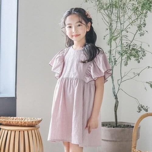 Solid Ruffles Dresses For Kids Petal Sleeve Summer Toddler Dress Baby Big Girls Cotton Knee Length Party Dresses Kid Clothes