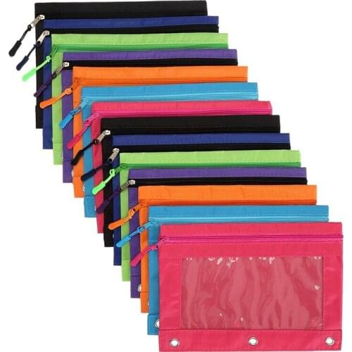 Binder Pencil Pouch with Zipper Pulls, Pencil Case with Rivet Enforced 3 Ring for School, Office, 14 Pack 7 Colors