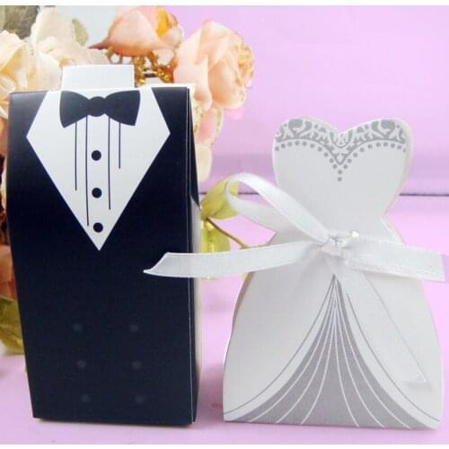 Gift Boxes 50pcs Bride and 50pcs Groom Tuxedo and Wedding Dress Pink Wedding Decoration Candy Box Bag Decoration for Marriage