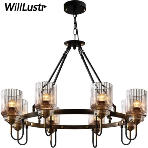 Retro Glass Pendant Lamp Industrial Iron Ring Hotel Restaurant Store Hall Living Room Bedroom Creative Dual-Use Suspension Light