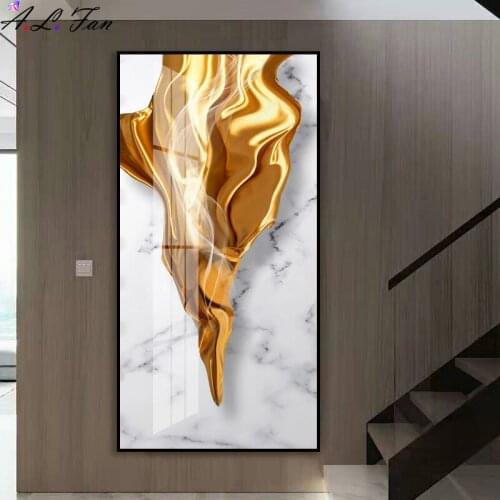 Luxury gold green yellow ribbon brush painting on canvas abstract chinese poster prints wall art porch nordic home decor