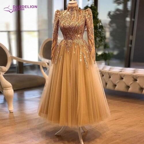 Luxury Dubai Arabia Long Sleeve Evening Dress For Woman 2021 A-Line Beadings High Neck Formal Party Gowns