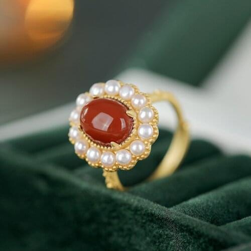 SA SILVERAGE Opening Female Ring 2021 S925 Sterling Silver Inlaid with Red Agate Pearls Embellished with Embossed Temperament