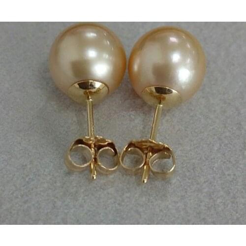 Free Shipping 9-9.6mm Nearly Round Golden Real South Sea Pearl Stud Earrings 9k Yellow Gold