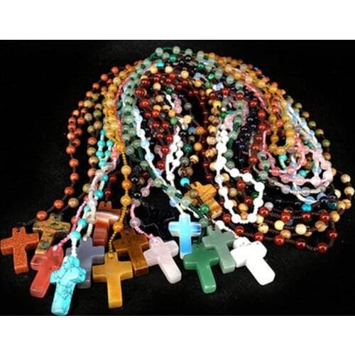 Yumten Crystal Cross Necklace Natural Stone Pendant Catholic Rosary Women Sweater Chain Jewelry Gift Woven Station Accessories