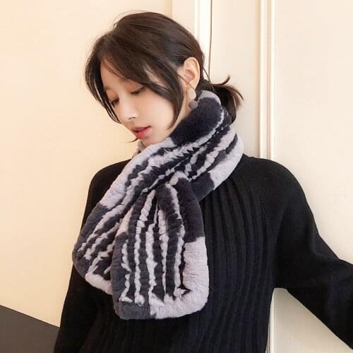 ZDFURS* 2018 Hot sale New Style Fashion Rex Rabbit Fur Scarves Striped Multicolor Real Fur Rings Knitted Wraps scarf Winter