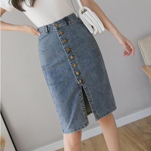 Spring Summer 2021 New Denim Sheath Wrap Skirts Single-Breasted High Waist Pencil Midi Skirt Front Split Skirts Womens