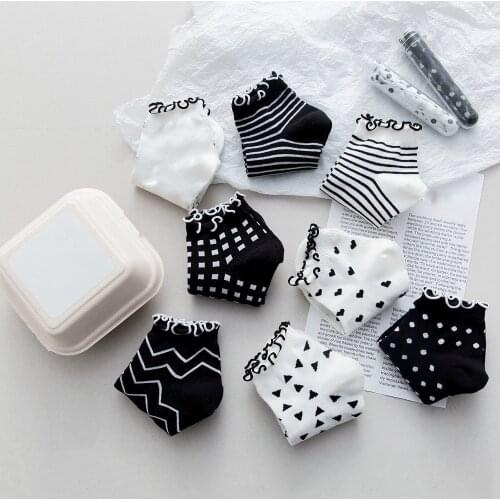 Female Women Short Cute Cotton Socks Girl Fashion Frilly Ruffle Heart Dot Plaid Striped Print Ankle Socks