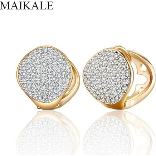 MAIKALE Luxury AAA Cubic Zirconia Stud Earrings for Women Oval Hollow Back Design Gold Ear Studs Party Jewelry Girls Gift