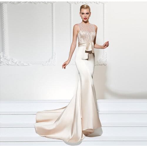 Tanpell Champagne Evening Dress Jewel Trumpet Lace Sashes Court Train Floor Length Women party Gown Mermaid Evening Dress