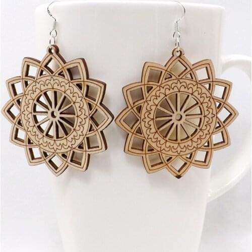 12 Pairs Good Quality Wood Earrings Organic Round Wood color Hollow Flower African Woman Wooden Brincos