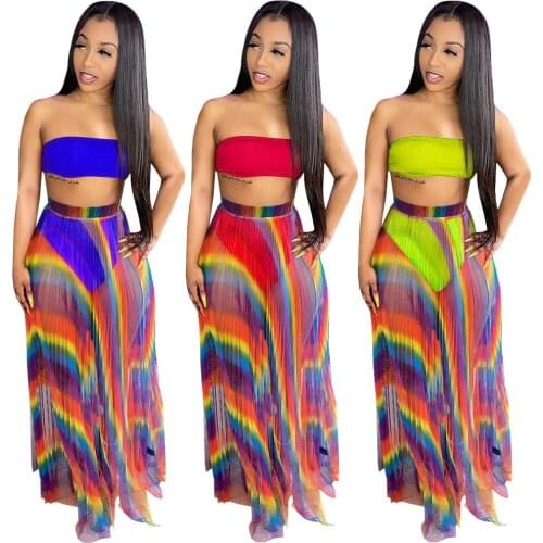 3pcs/sets Women Long Skirt Sets Summer Outfit Sexy Tube Crop Top + Breif + See Through Mesh Skirt Beach Wear Fashion Clothings