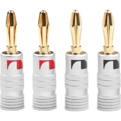 4Pcs/Set Black&Red 24K Gold Banana Plug Connector Plated Copper 4mm Banana Connector Male Speaker Plug
