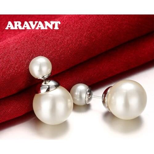 925 Silver Double Pearl Earrings For Women Wedding Jewelry Gifts