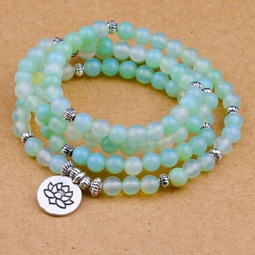 108 Mala Beads Bracelet Green prehnite Stone Buddhist Rosary Wrist Bracelet Women Prayer Yoga Beads Lotus Pendent Men Jewelry