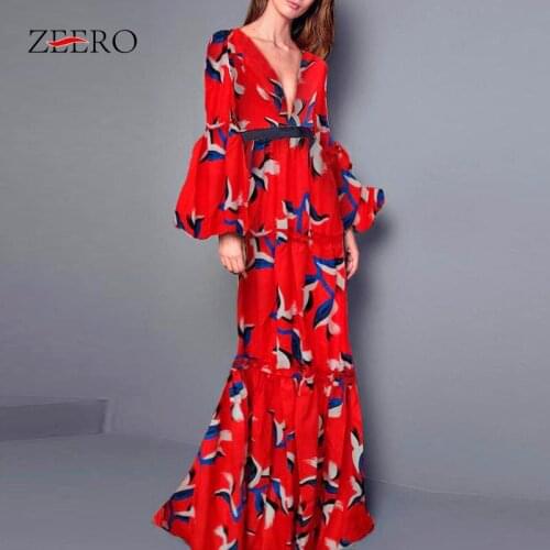 Women Sexy Deep V Lantern Long Sleeve Red Print Maxi Red Party Dress Elegant Pleated Plus Size Long Dresses Vestidos 2021 Autumn