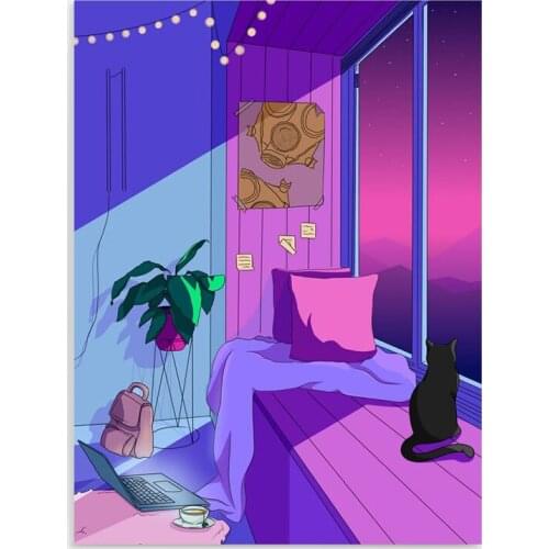 HD Prints Sweet Room Canvas Painting Wall Art Window Night Scenery Poster Home Decor Living Room Modular Black Cat Picture Frame