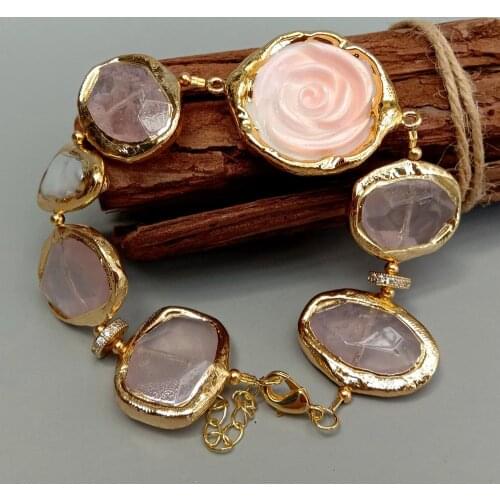 KKGEM Natural Rose Quartz Faceted Chunk with gold plated edge Pink Queen Conch Flower White Biwa Pearl Bracelet