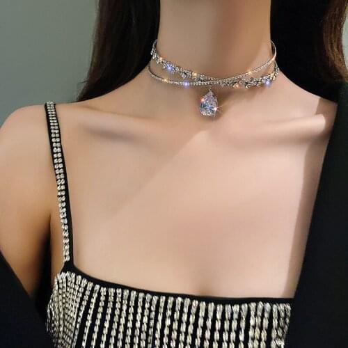 Huge Bud Crystal Choker Zircon Pendant Necklace for Women Wedding Stretch Rhinestone Statement Necklace Accessories Jewelry