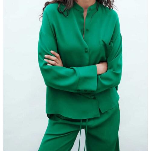 Brand Clothing Suit 2021 Autumn Stylish Green Loose Blouse Shirts+Bandage Elastic Straight Pants Two Piece Set Chic Blusas