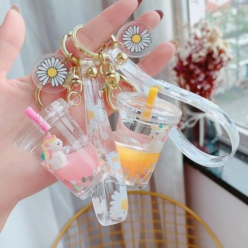 Creative Floating Unicorn Keychain Cartoon Boba Tea Cup Model Acrylic Key Chain Cute Lovers Girls Gift