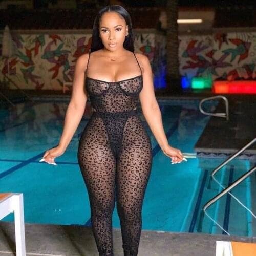 Summer Sexy Two Piece Club Outfits for Women Leopard Print Sheer Mesh 2 Piece Set Clubwear Transparent Bodysuit and Pants Set