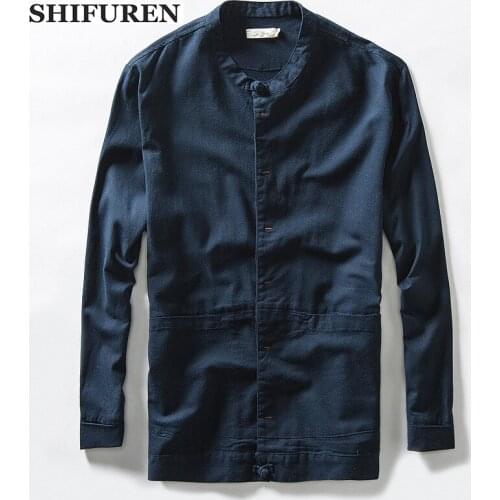 SHIFUREN New Spinrg Men Linen Cotton Shirts Breathable Vintage Traditional Chinese Style Mandarin Collar Long Sleeve Male Shirts
