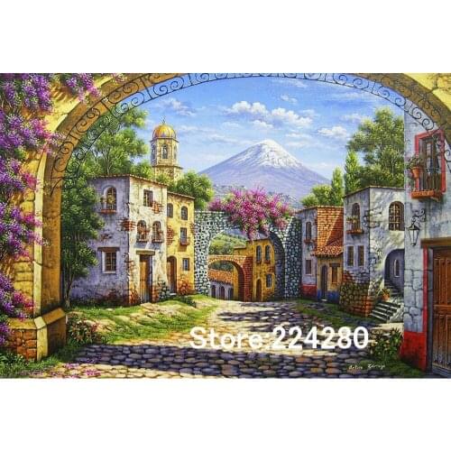 Needlework,Arched door Country Town Scenery Handmade 14CT Counted Canvas DIY,Cross-stitch kits,For Embroidery Art Home Decor