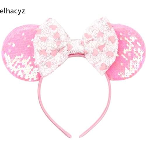 New 3.5'' Pink Reversible Sequins Mouse Ears Headband Girls Princess Party Hairband Women Hair Bow Kids Hair Accessories 2021