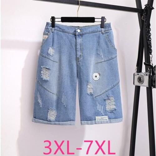 New spring summer plus size denim shorts for women large loose casual elastic waist hole retro shorts blue 3XL 4XL 5XL 6XL 7XL