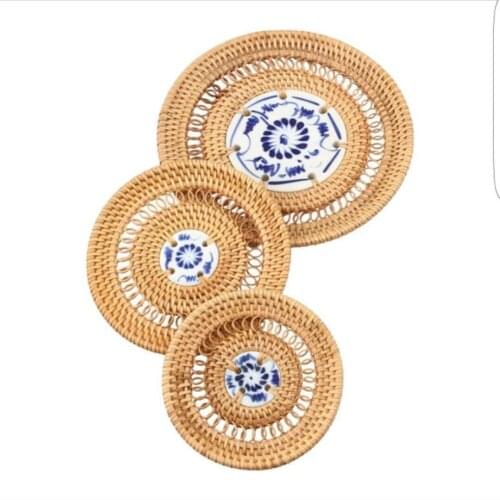 Rattan woven thermal insulation coaster round anti-hot table mat table end table mat Akito western table mat