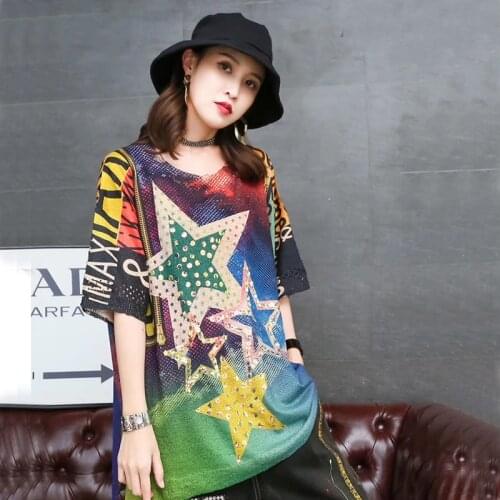 Hip Hop Style Pentagram Printed Knitted Pullover 2020 Summer Korea Fashion Sequins Loose Bronzing Sweater Top Tide