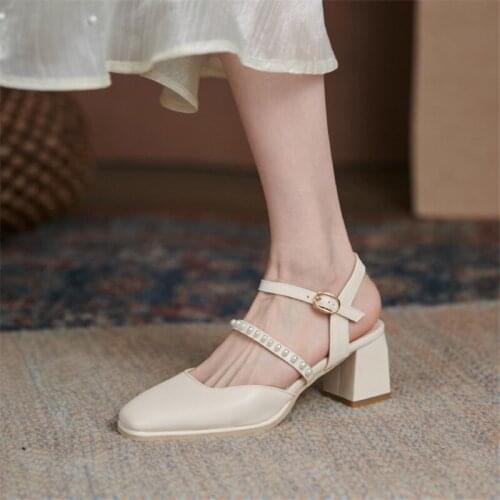 PXELENA Sandals Women Plus Size 34-43 String Beads Block High Heels Square Toe 2021 Summer Shoes Dress Party Date Ladies Office