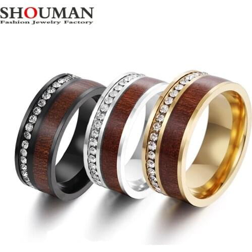SHOUMAN Luxury Acacia Wood One Row Crystal Wedding Band Ring Grain Classical Men Women Engagement Stainless Steel Jewelry