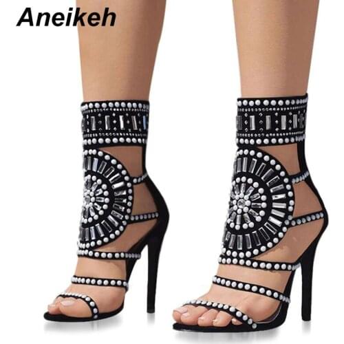 Aneikeh Women Fashion Open Toe Rhinestone Design High Heel Sandals Crystal Ankle Wrap Glitter Diamond Gladiator Black Size 35-42