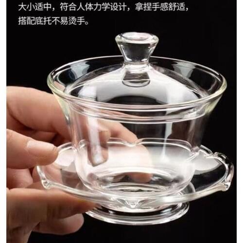 Glass covered bowl tea cup Kung Fu tea set thickened transparent teapot Handmade Large tea serving Sancai bowl household