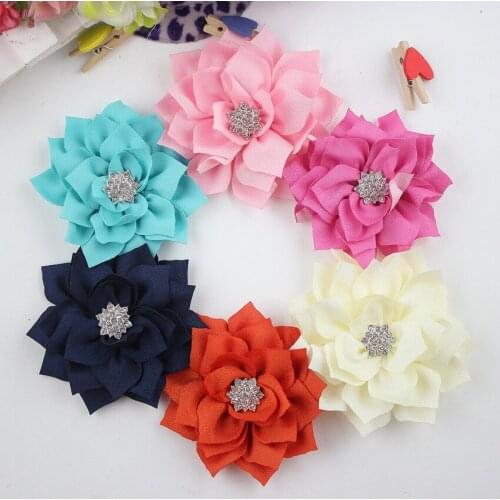 8cm Artificial Fabric Flowers with rhinestone embellishment For Girls Dresses and Headbands Hair Accessories