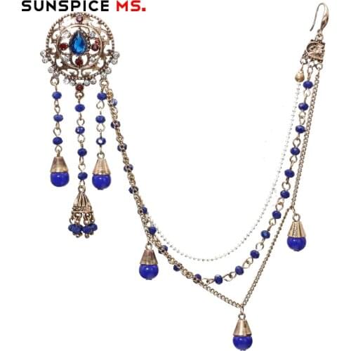 SUNSPICE MS Vintage Long Drop Earrings Link Headdress Natural Stone Bead Chain Indian Women Wedding Jewelry Bun Wholesale 2019