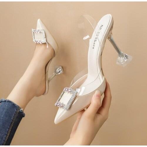 Women sandals PU Slip On 5.5CM 7.5CM 10CM Thin Heels High heels Pointed Toe Rhinestones Bling Shallow women sandals size 35-42