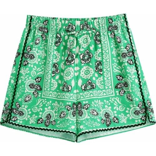 Evfer Women Summer Fashion Flower Print Drawstring High Waist Suit Shorts Girls 2021 Za Holiday Style Green Chic Short Pants