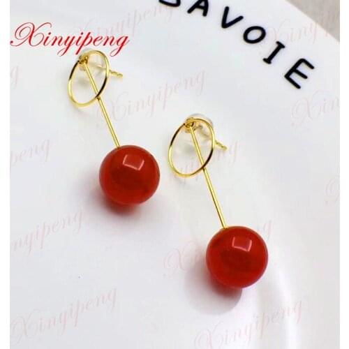 Xin yi peng 18 k yellow gold inlaid natural agate pendants Women earrings Engagement anniversary gift