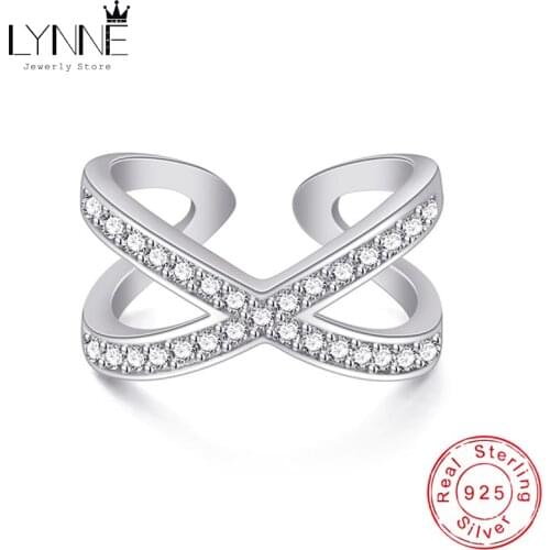 New Fashion 925 Sterling Silver Zircon X Cross Adjustable Rings Delicate Rhinestone Double Layers Twist Ring Women Jewelry Gift