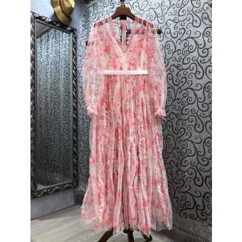 Sweet Pink Blue Long Dress 2021 Spring Summer Party Vestidos Special Occasion Women Charming Floral Print Ruffle Maxi Dress