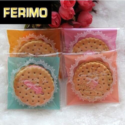 100pcs 4Colors Lace and Bow Cookies Biscuits Bags Self-adhesive Wedding Cellophane Bag Cake Candy Gift Bags