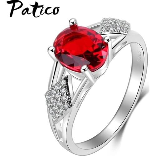 100% 925 Sterling Silver Red Oval Rings for Wedding Engagement Women Cubic Zirconia Anniversary Finger Jewelry Bijoux