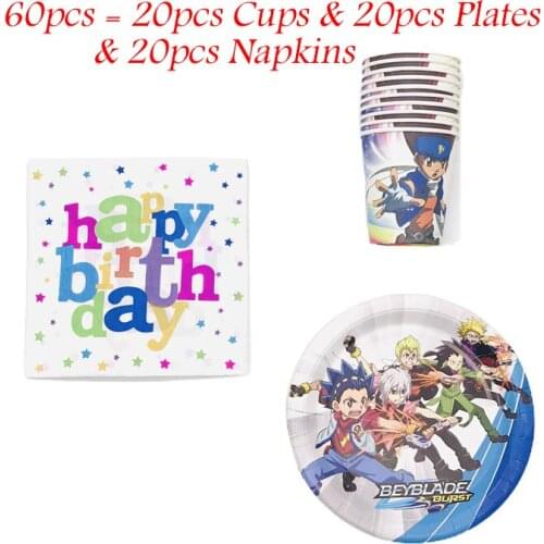 20-60pcs/lot Happy Birthday Party Beyblade Theme Cups Kids Favors Plates Baby Shower Decoration Disposable Dishes Tableware Set
