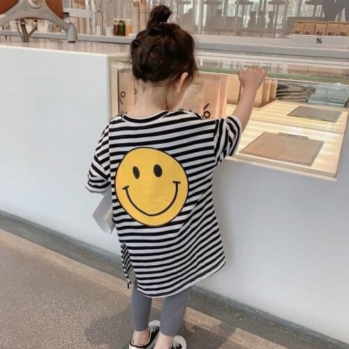 2021 Summer Girls Cute Stripe Smile Long T-shirt Baby Kids Children Tee Three Colors