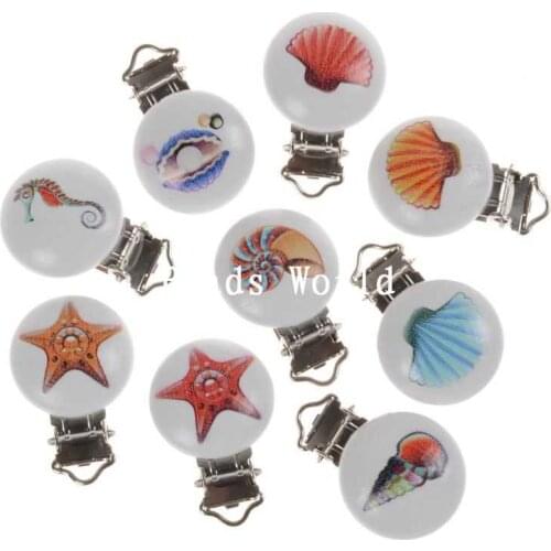 5Pcs Round Wood Cartoon Baby Pacifier Clip Holders Marine Organisms Pattern Cute Infant Soother Clasps Funny Accessories 45x29mm
