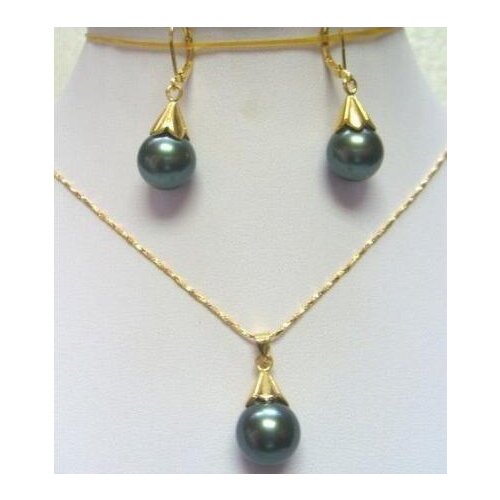 FREE shipping>>> >>New Fashion 12mm Black shell pearl pendant Necklace earring set